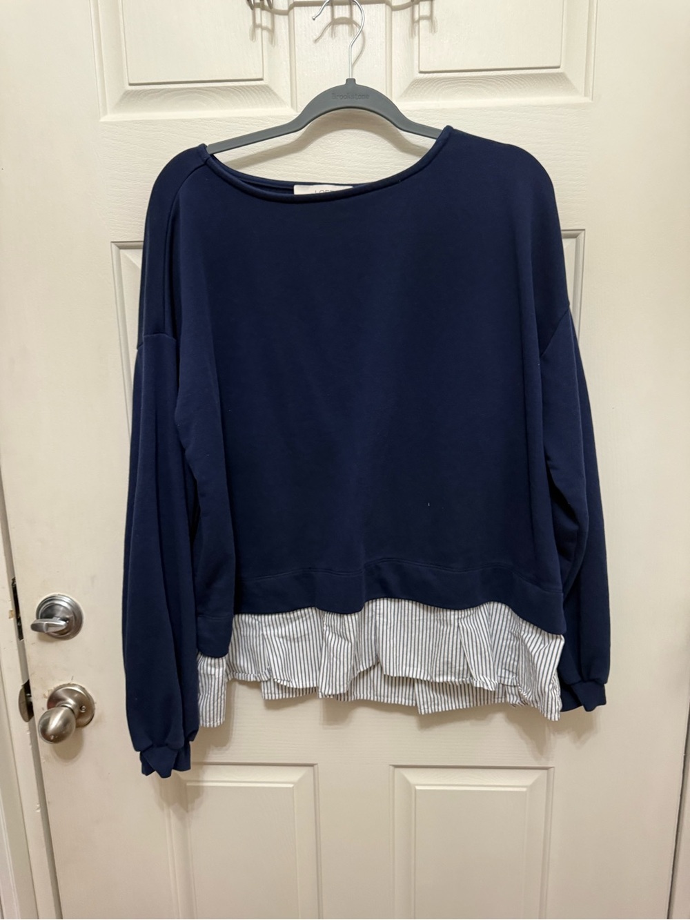 LOFT Navy Sweatshirt with Striped Shirt Hem